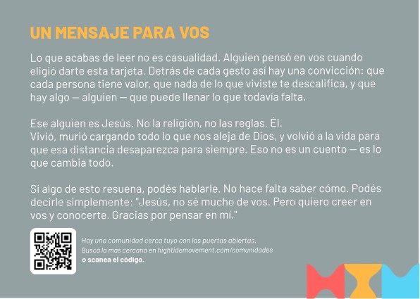 Dorso de la tarjeta: Un mensaje para vos, con código QR a una comunidad